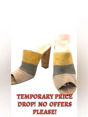 VINCE CAMUTO "VELLA" YELLOW GRAY & BEIGE STRIPED SUEDE MULE SLIDE HEELS (8.5)